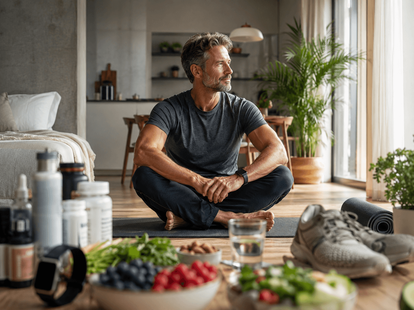 Mann auf einer Yogamatte in seinem Zuhause, umgeben von gesunder Ernährung und Fitnessausrüstung